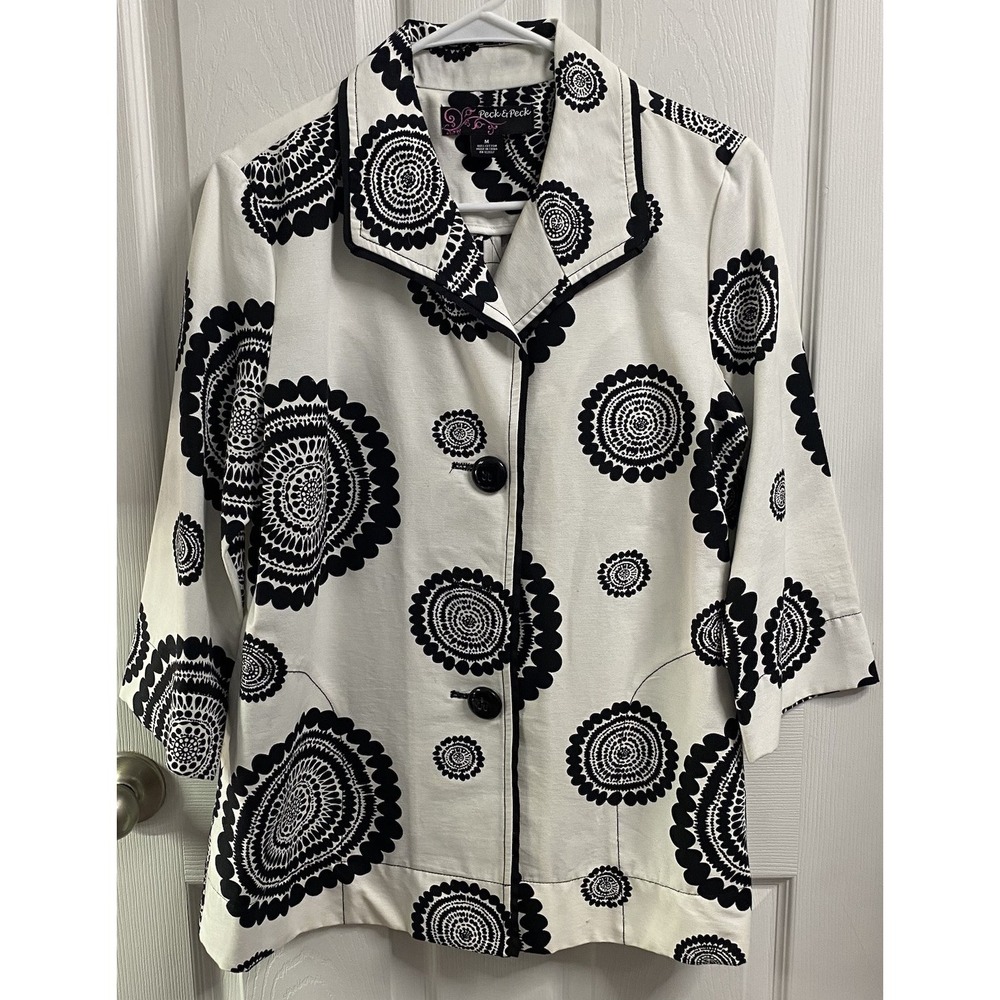 Peck & Peck Women Black & White Blazer Career Jacket Medallion Cotton Sz. M